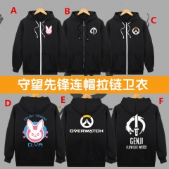 Overwatch 6Styles Print Popular Game Thick Zipper Long Sleeves Anime Hoodie With Hat