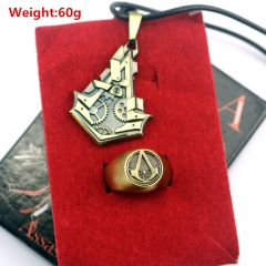 2 Colors Assassin's Creed Game Mechanical Design Cosplay Pendant Fashion Anime Alloy Necklace and Ring Set