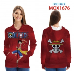 One Piece Cartoon Color Printing Zipper Patch Pocket Hooded Anime Hoodie
