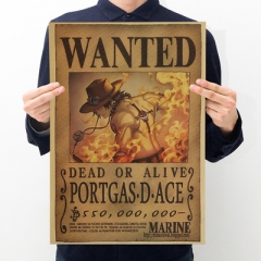 One Piece Ace Wanted Series Printing Cartoon Placard Home Decoration Retro Kraft Paper Anime Poster