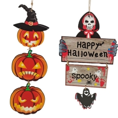 2 Styles Halloween Wooden Pumpkin Skull Home Hang Ornaments Decoration Supplies