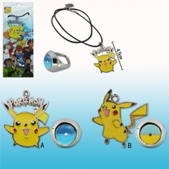 2 Designs Pokemon Pikachu Cartoon Jewelry Anime Necklace+Ring