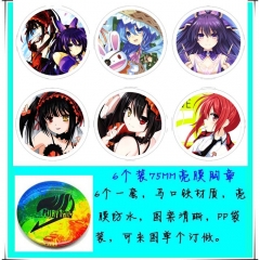 Date A Live Anime Cartoon 75mm Brooches And Pins 6pcs/set