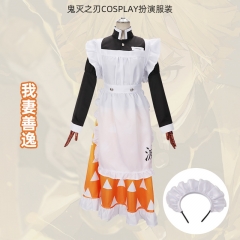 Demon Slayer: Kimetsu no Yaiba Agatsuma Zenitsu Cosplay Cartoon Character Anime Costume Hairband+Top+Skirt+Apron Set