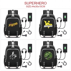 7 Styles Marvel Batman Spider Man Cartoon Pattern Anime Backpack Bag With USB Charging Cable