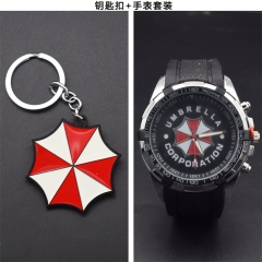 2 Styles Resident Evil Alloy Anime Watch Necklace Keychain Brooch Set